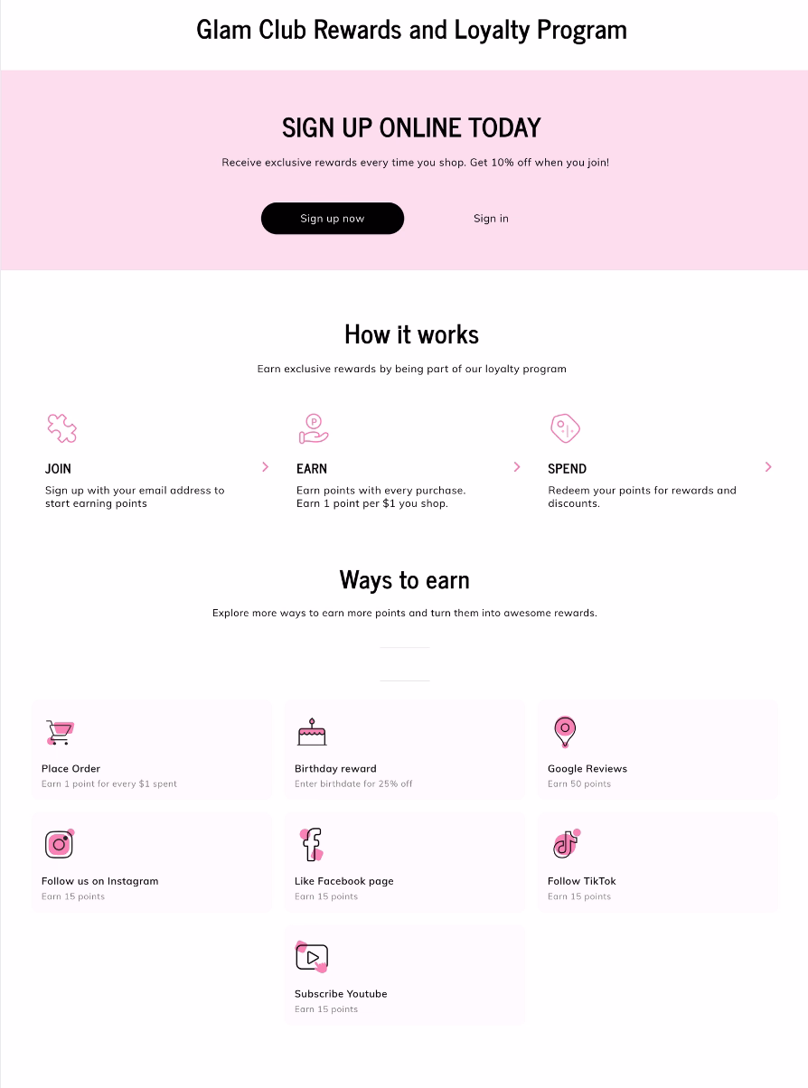 Glam Club loyalty program