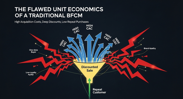 An infographic visualizing the flawed unit economics of a traditional BFCM strategy, showing how high ad spend and deep discounts lead to customer churn and negative ROI.
