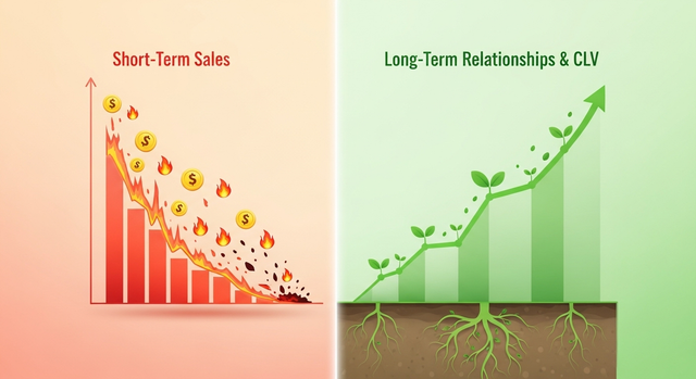 A comparative graphic showing two graphs: one depicting the short-term spike and subsequent crash of an acquisition-focused strategy, and the other showing the steady, sustainable growth of a retention-focused strategy.