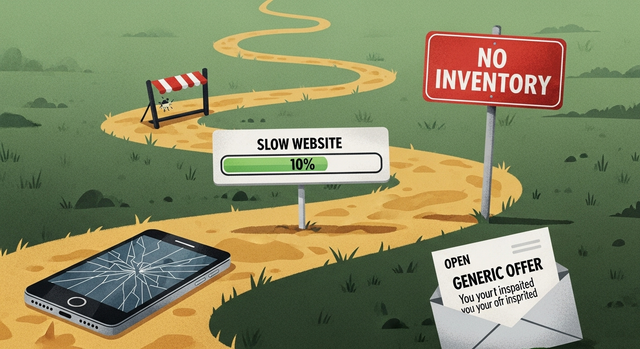 An allegorical illustration depicting the treacherous path merchants face during BFCM, highlighting pitfalls like 'Mobile Fail,' 'Stock Out,' and 'Slow Site' as part of the seven deadly sins.
