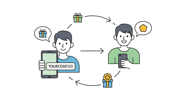 A graphic explaining a 'give-get' referral program, where a customer refers a friend and both receive rewards