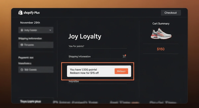 Example of Joy's loyalty redemption options shown directly in the Shopify checkout process during a BFCM sale