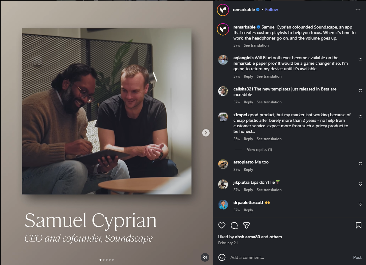 Remarkable's instagram post about cofounder