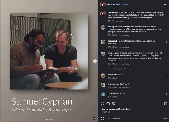 Remarkable's instagram post about cofounder