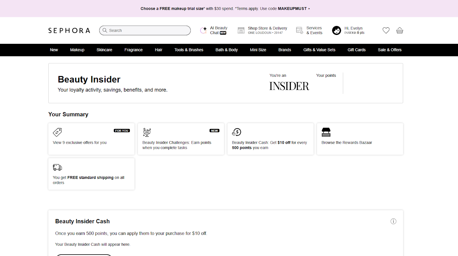 Sephora Beauty Insider page