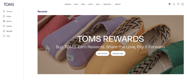 TOMS Rewards Loyalty Page