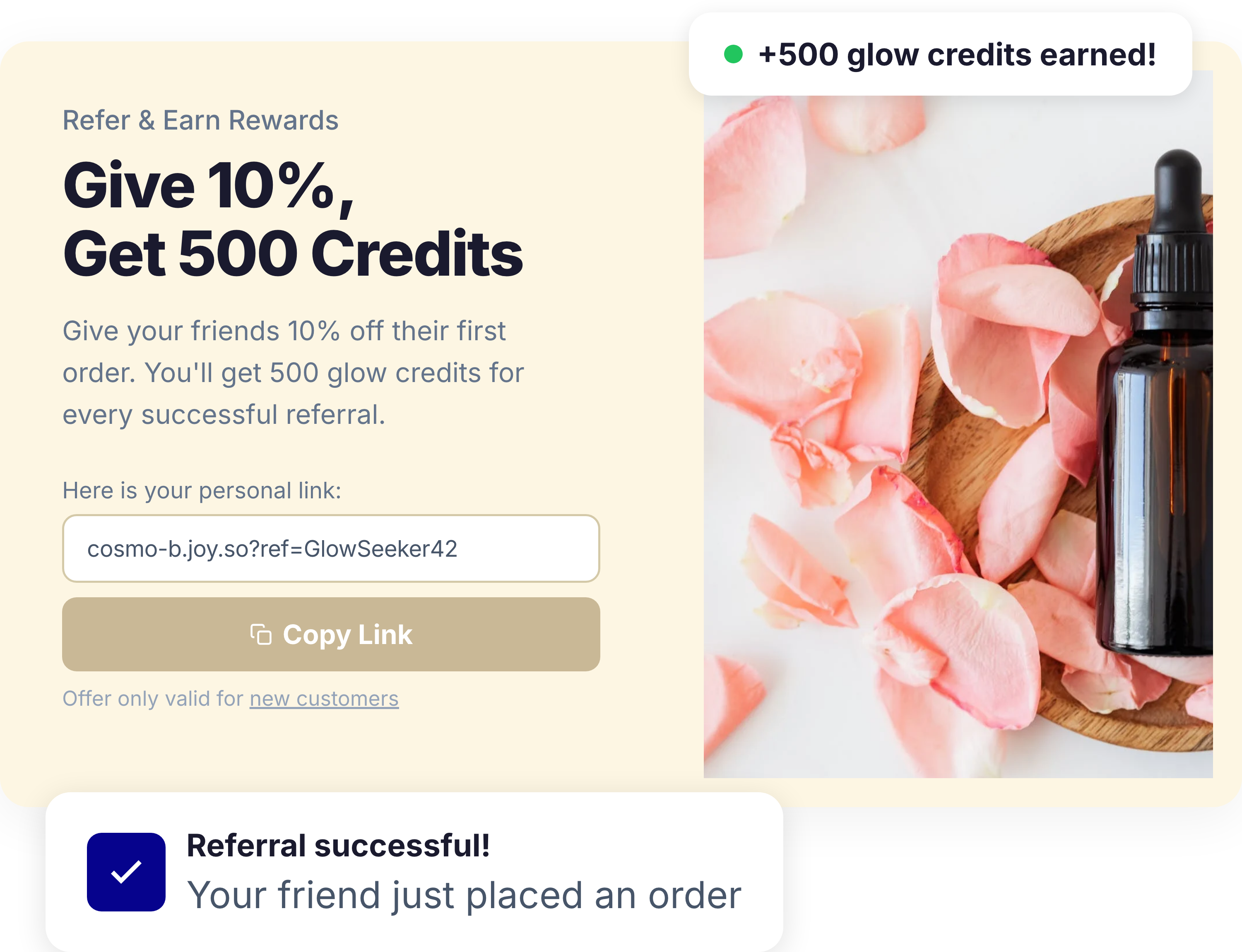 Joy referral program dashboard showing referral links, rewards, and sharing options