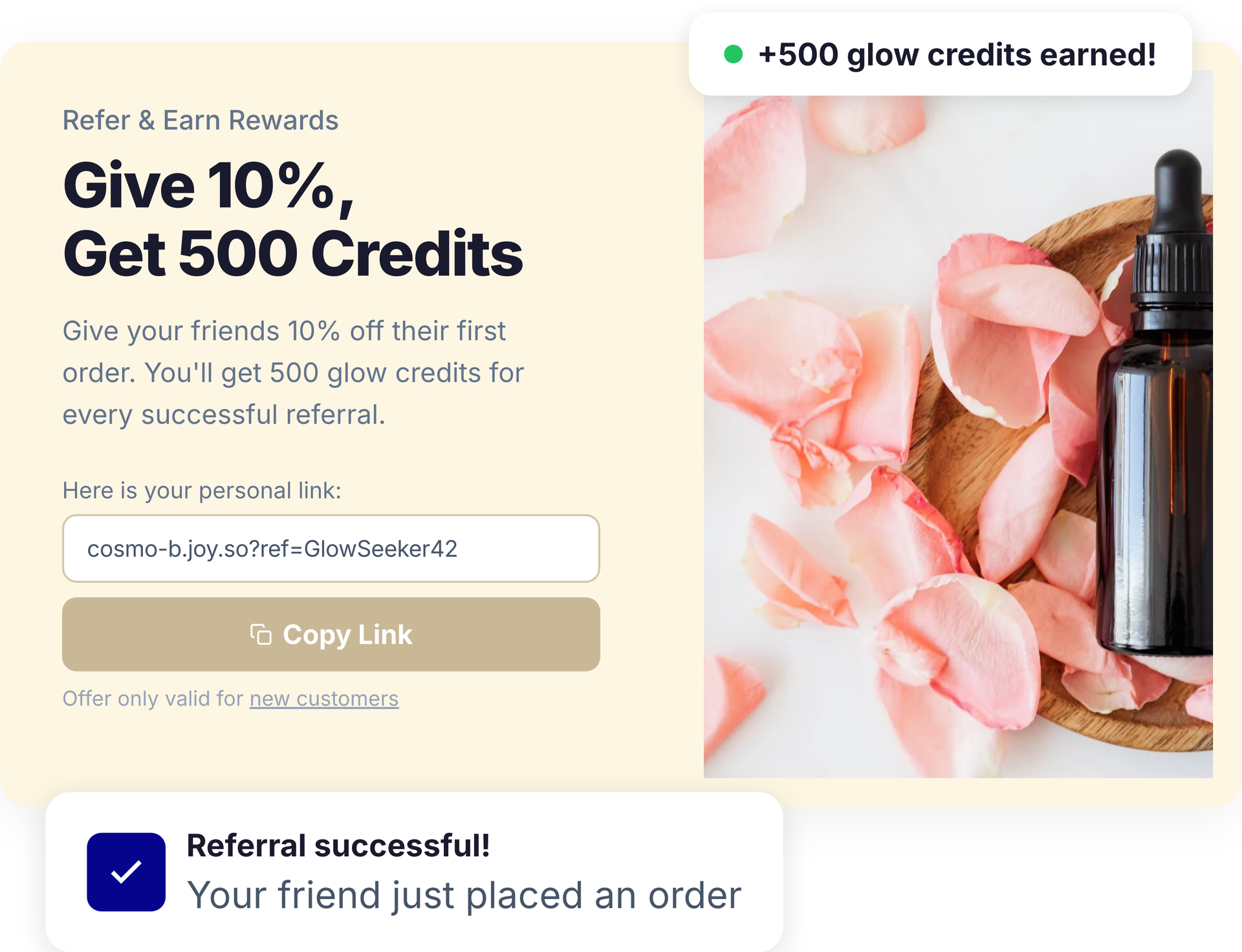 Joy referral program dashboard showing referral links, rewards, and sharing options