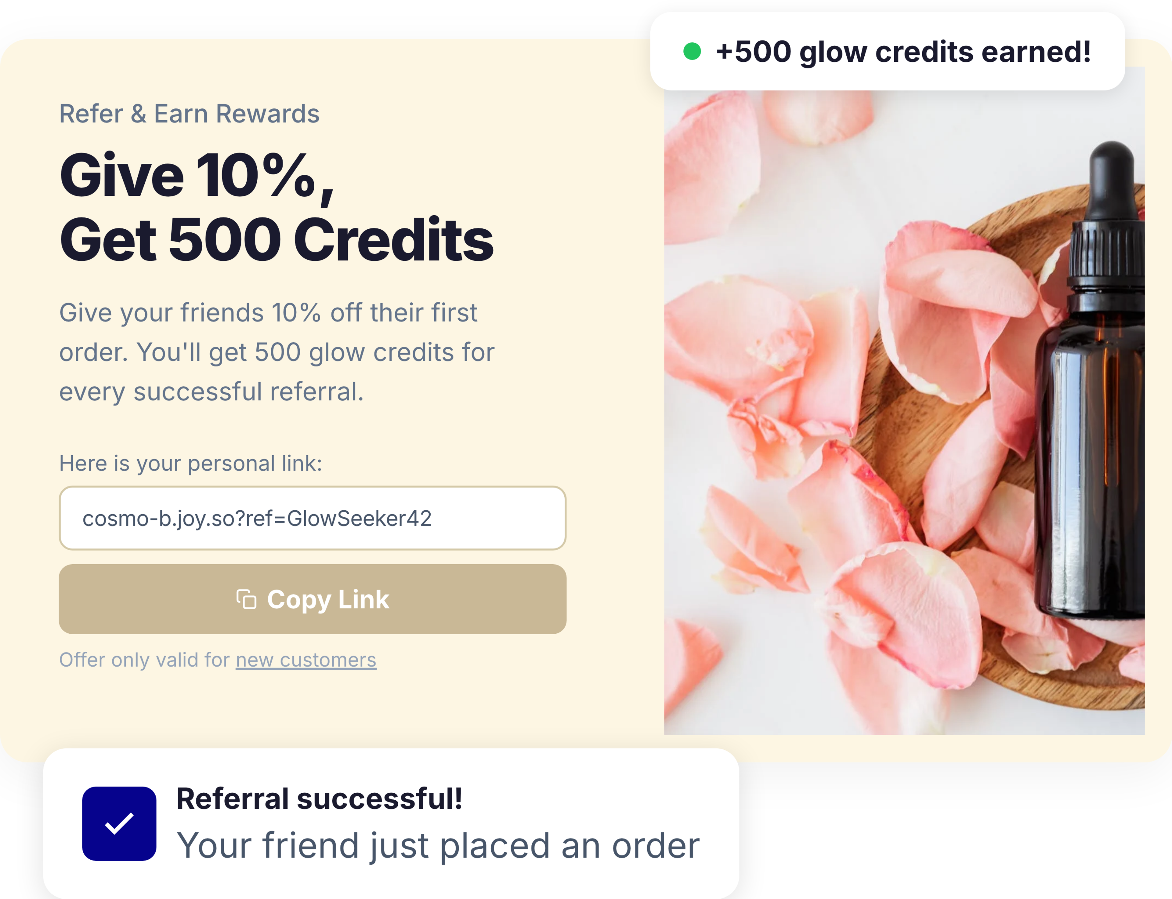 Joy referral program dashboard showing referral links, rewards, and sharing options