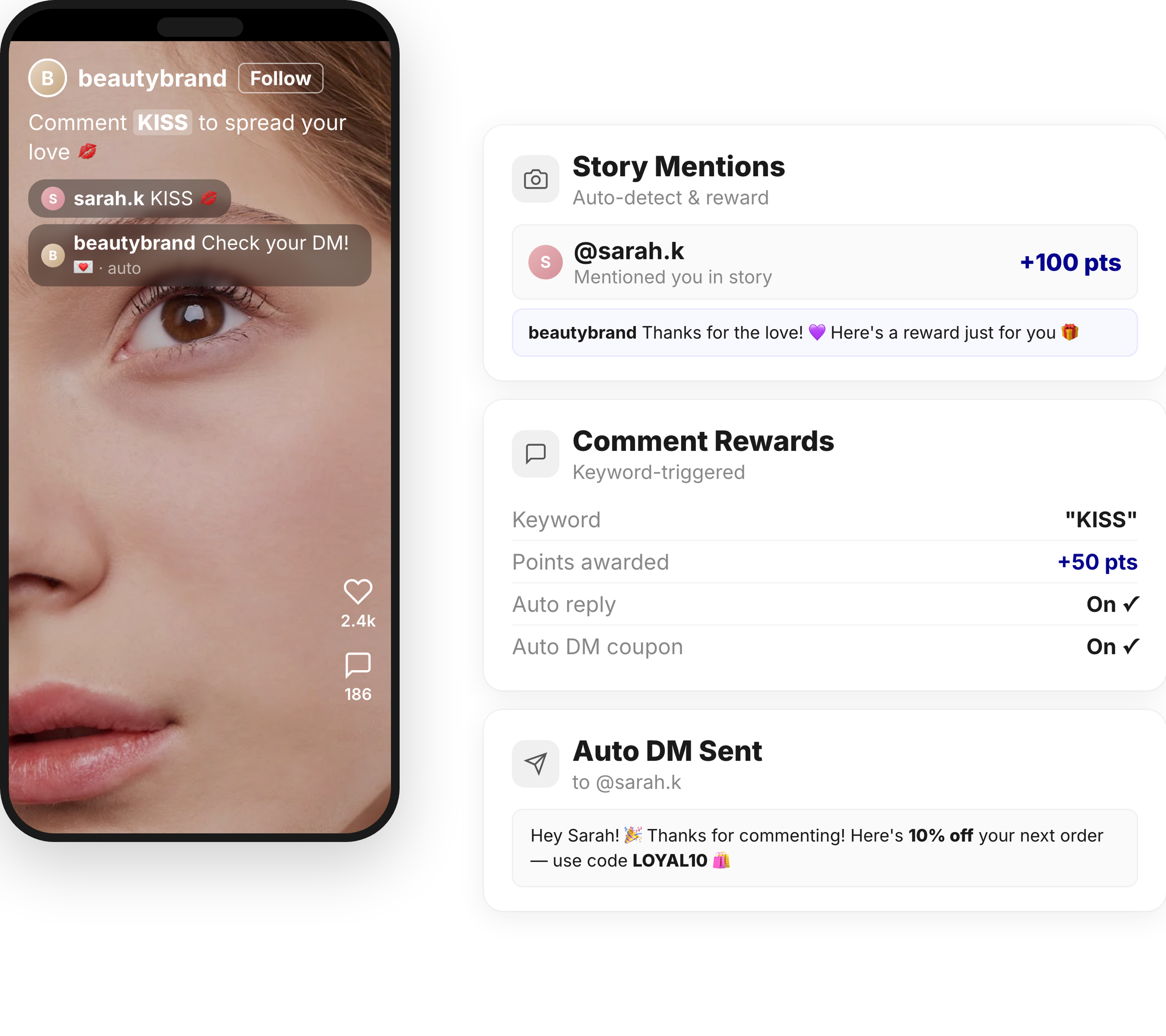 Joy social rewards dashboard showing Instagram comment rewards and auto-reply settings