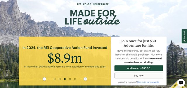 REI Co-op membership page with mountain lake and $30 signup