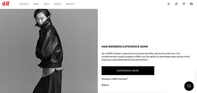 H&M membership page with model in black leather jacket