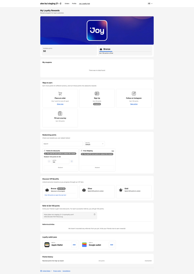 Joy Loyalty Hub inside Shopify New Customer Account