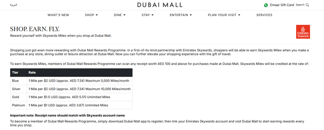 Dubai Mall Rewards page showing Skywards miles earning rates