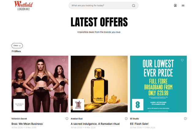 Westfield London latest offers page with brand deals