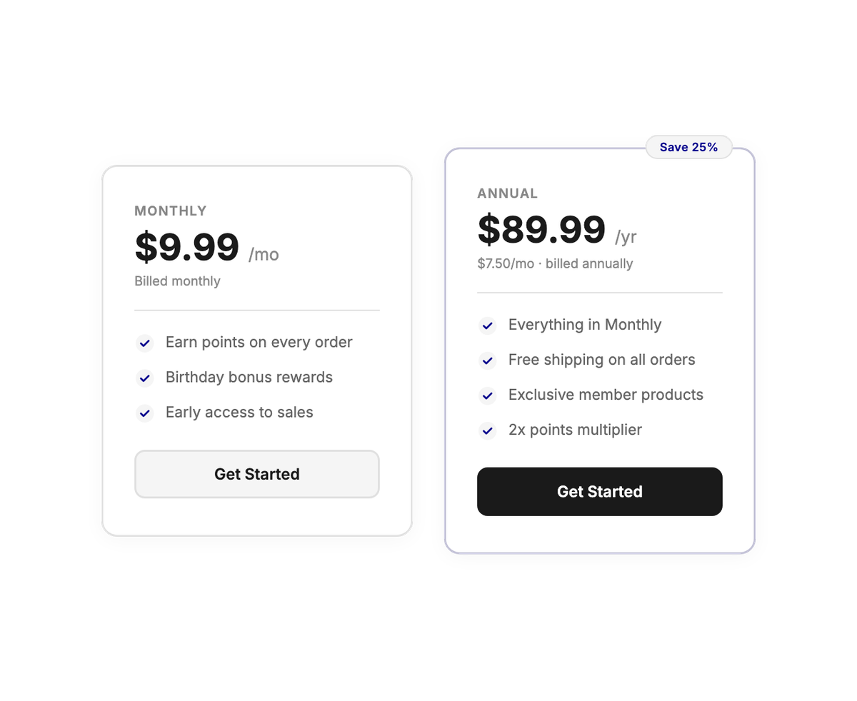 Joy membership plans — link products to exclusive tiers with flexible billing options