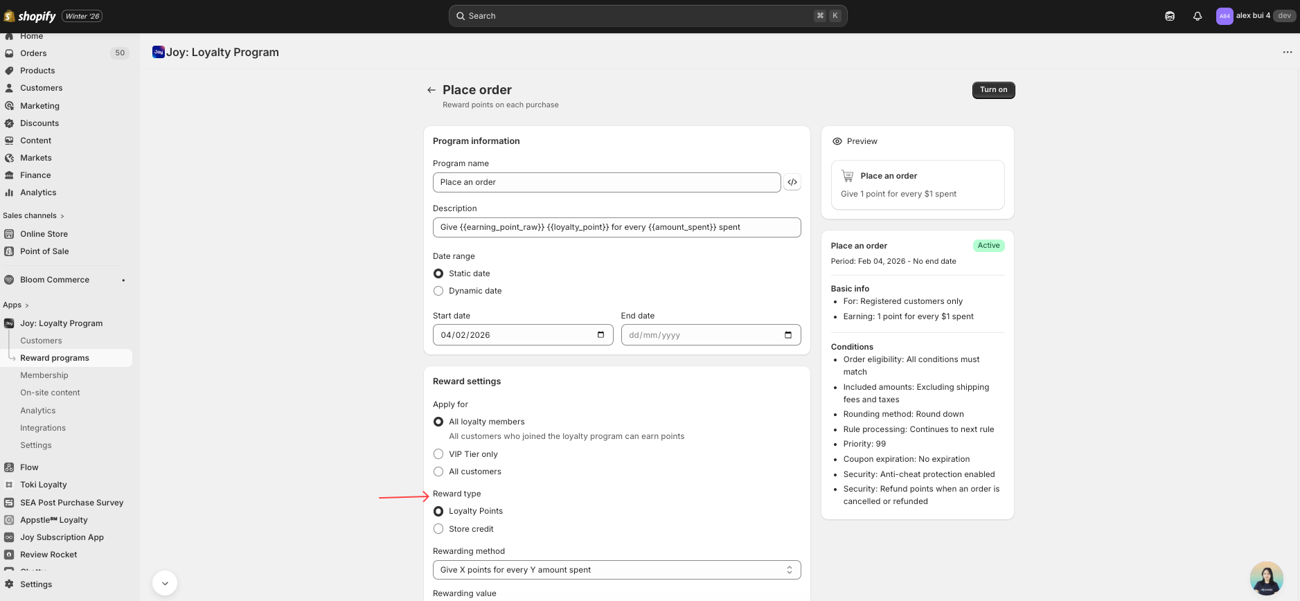 Place Order V2 program settings showing multi-currency earning rate configuration