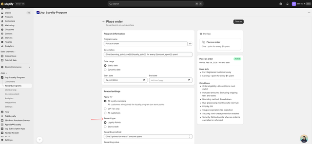 Place Order V2 program settings showing multi-currency earning rate configuration