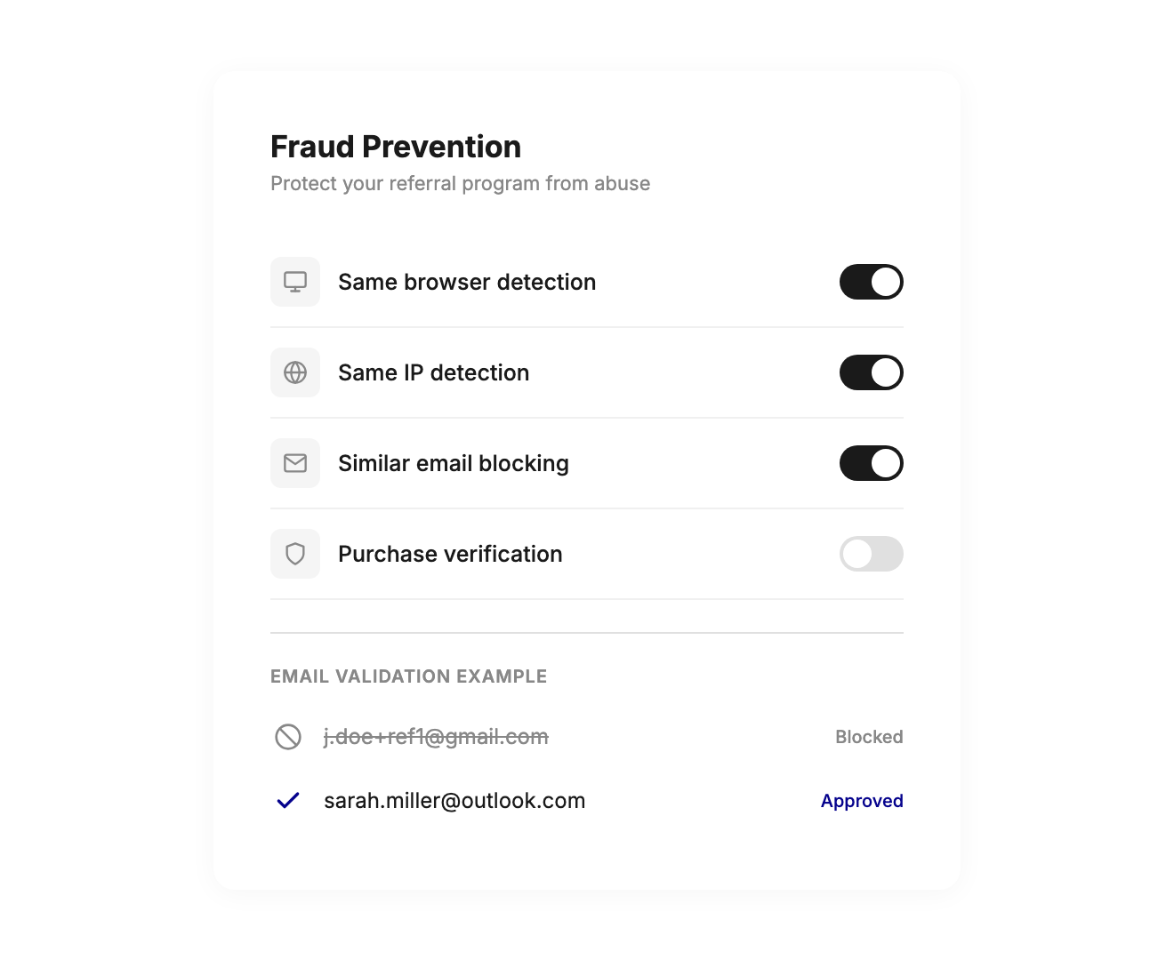 Joy referral fraud prevention — email detection, fingerprinting, IP monitoring