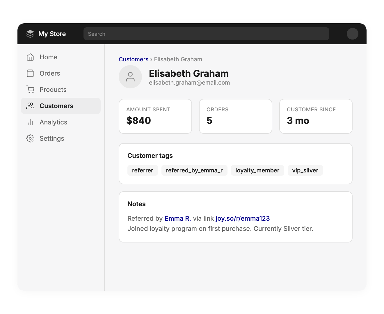 Joy referral Shopify integration — customer tags, notes, order attribution, metafield sync