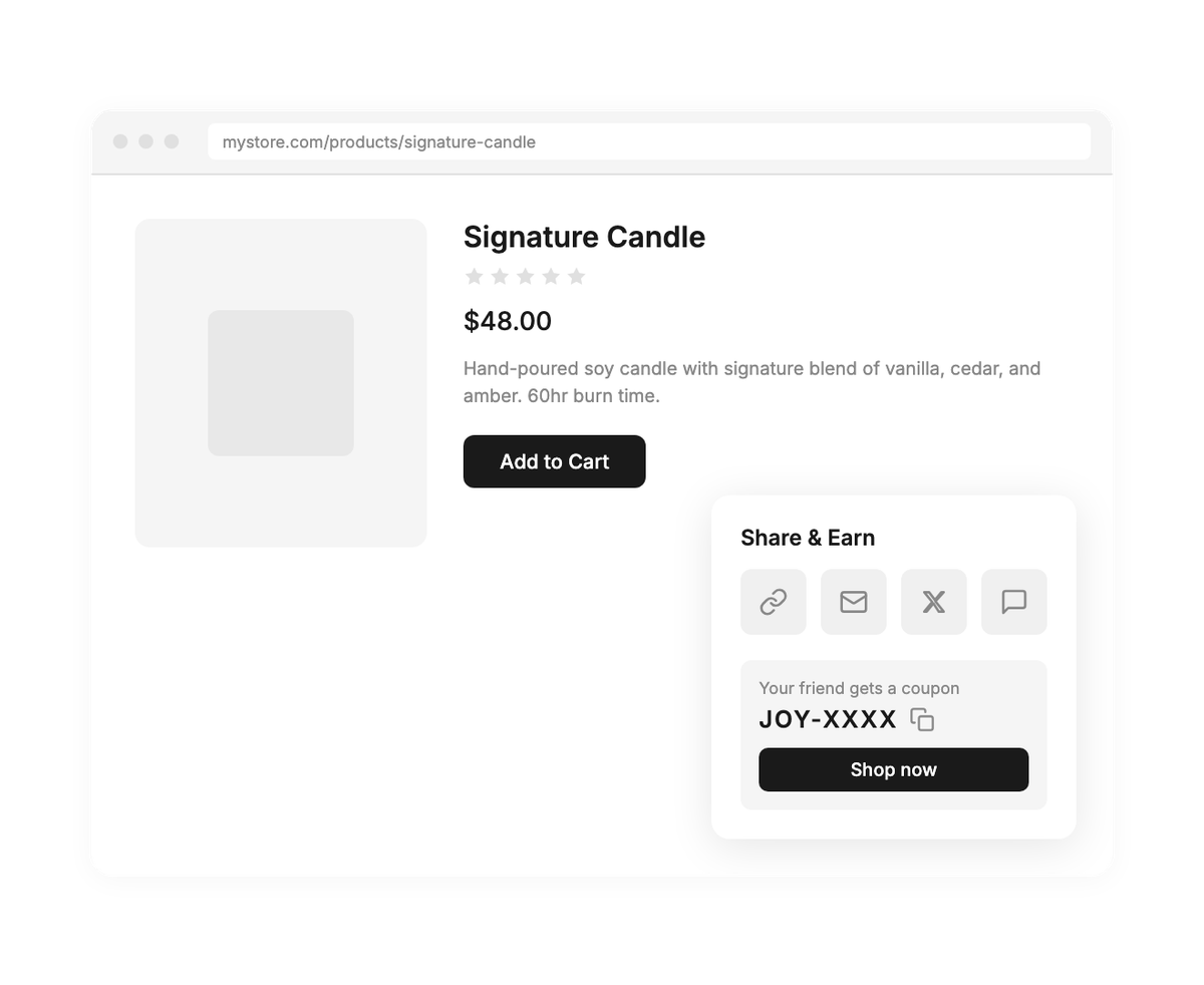Joy referral visibility — product pages, loyalty page, account page, post-purchase