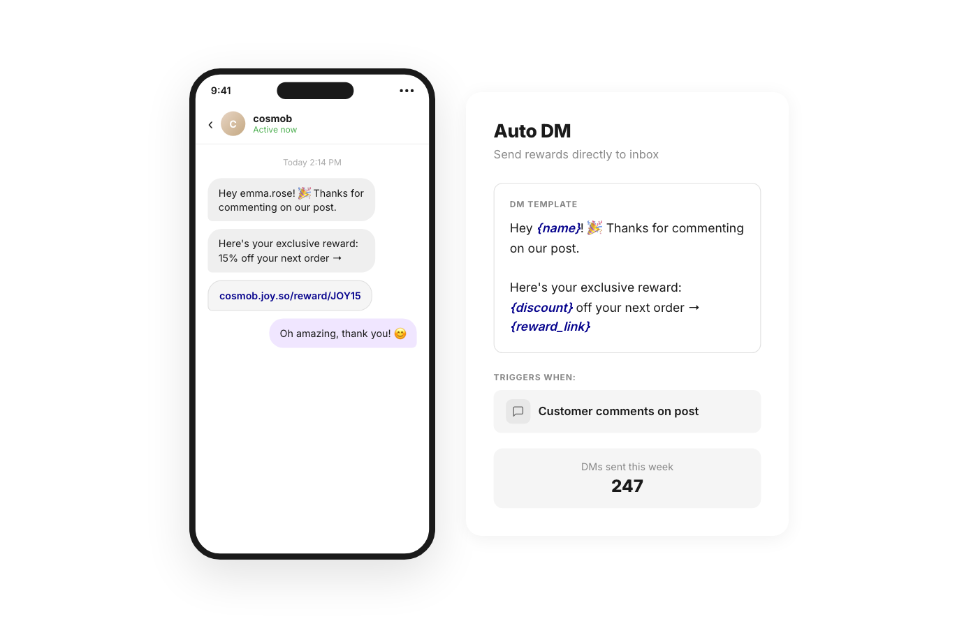 Joy social rewards — auto DM reward links to Instagram commenters