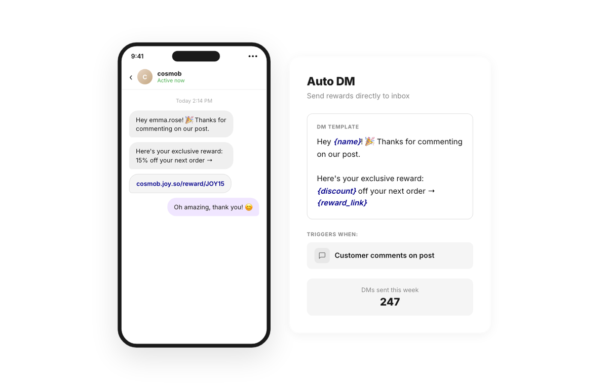 Joy social rewards — auto DM reward links to Instagram commenters