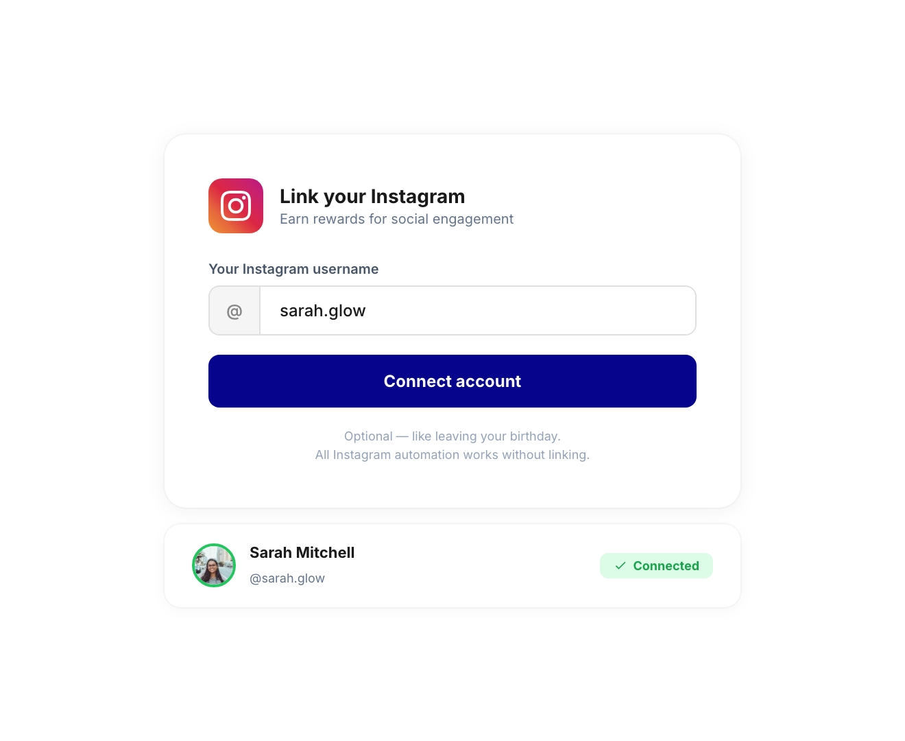 Joy social rewards — Instagram account linking for automatic point crediting