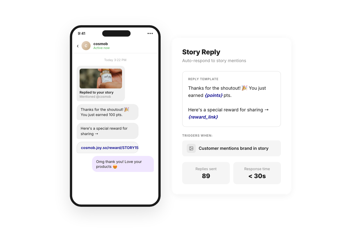 Joy social rewards — auto reply to Instagram story mentions with rewards