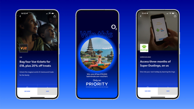 O2 Priority app screens with Vue cinema and Duolingo rewards
