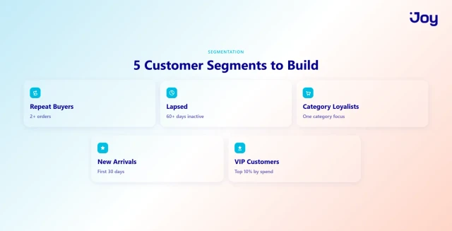 Five customer segments: Repeat Buyers, Lapsed Customers, Category Loyalists, New Arrivals, VIP Customers