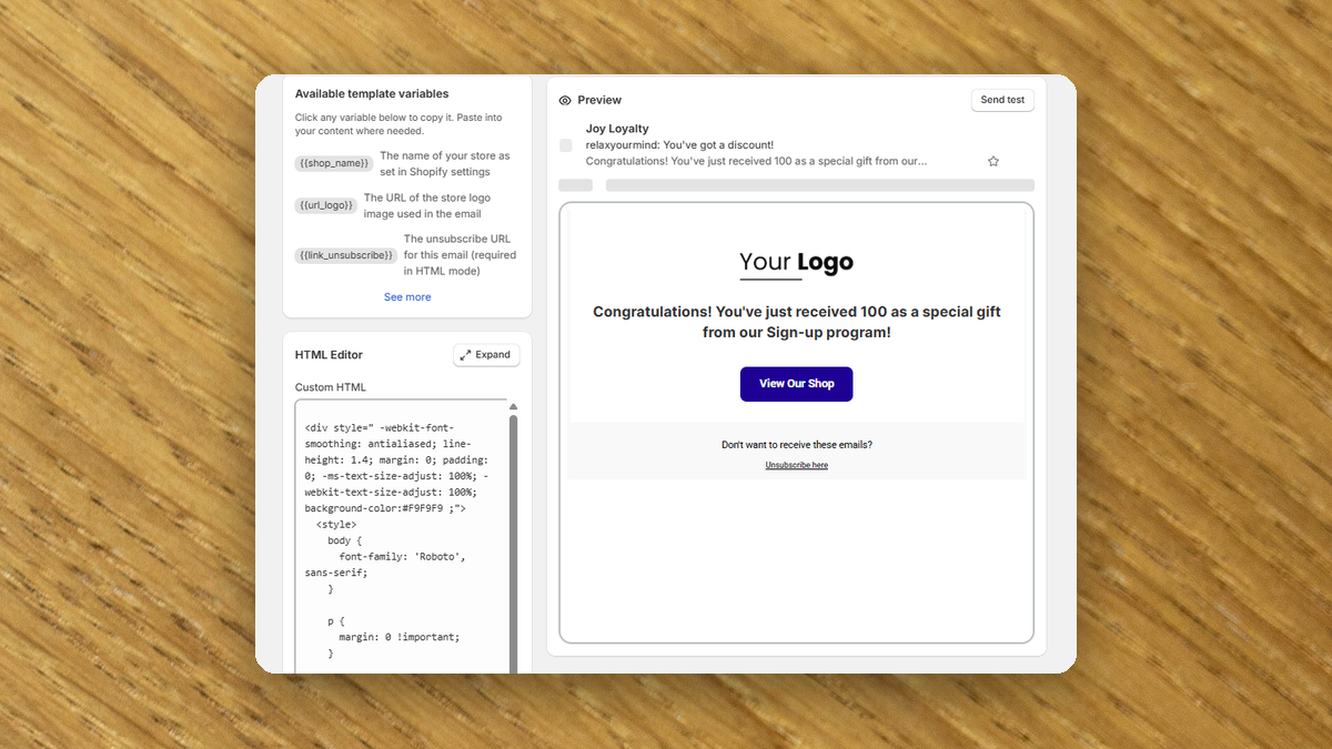 Your loyalty emails, your brand — bring your own HTML, no separate email tool needed