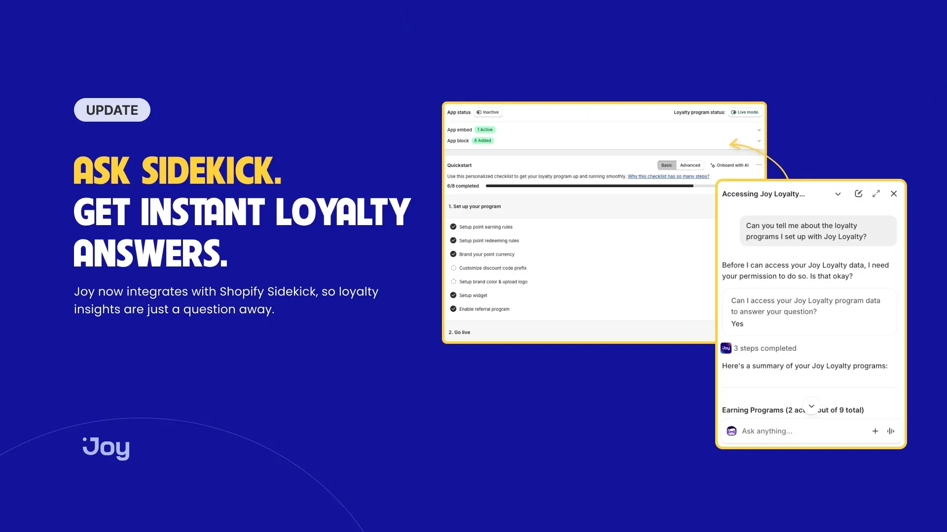 Your loyalty data, one question away — Joy is now inside Shopify Sidekick