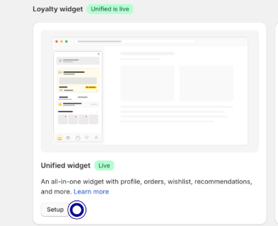 Joy loyalty widget settings with the Unified widget marked live and the Setup button highlighted