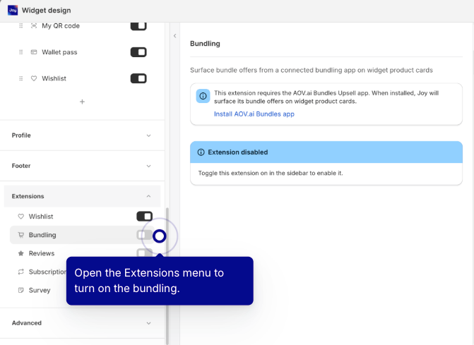 Joy widget design editor with the Bundling extension disabled and a callout to enable it under Extensions