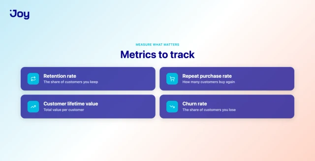 Key metrics to track for customer retention automation: retention rate, repeat purchase, lifetime value, churn
