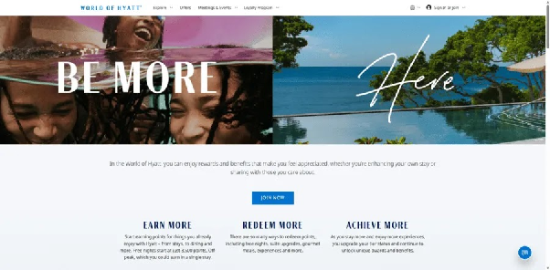 World of Hyatt membership page inviting guests to join, with Earn more, Redeem more and Achieve more benefits