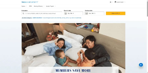 World of Hyatt booking page with a Members Save More banner over a family relaxing in a hotel room