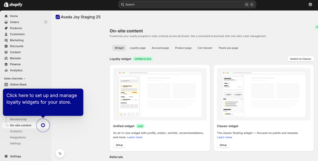 Joy On-site content page in the Shopify admin with a callout pointing to the loyalty widget settings