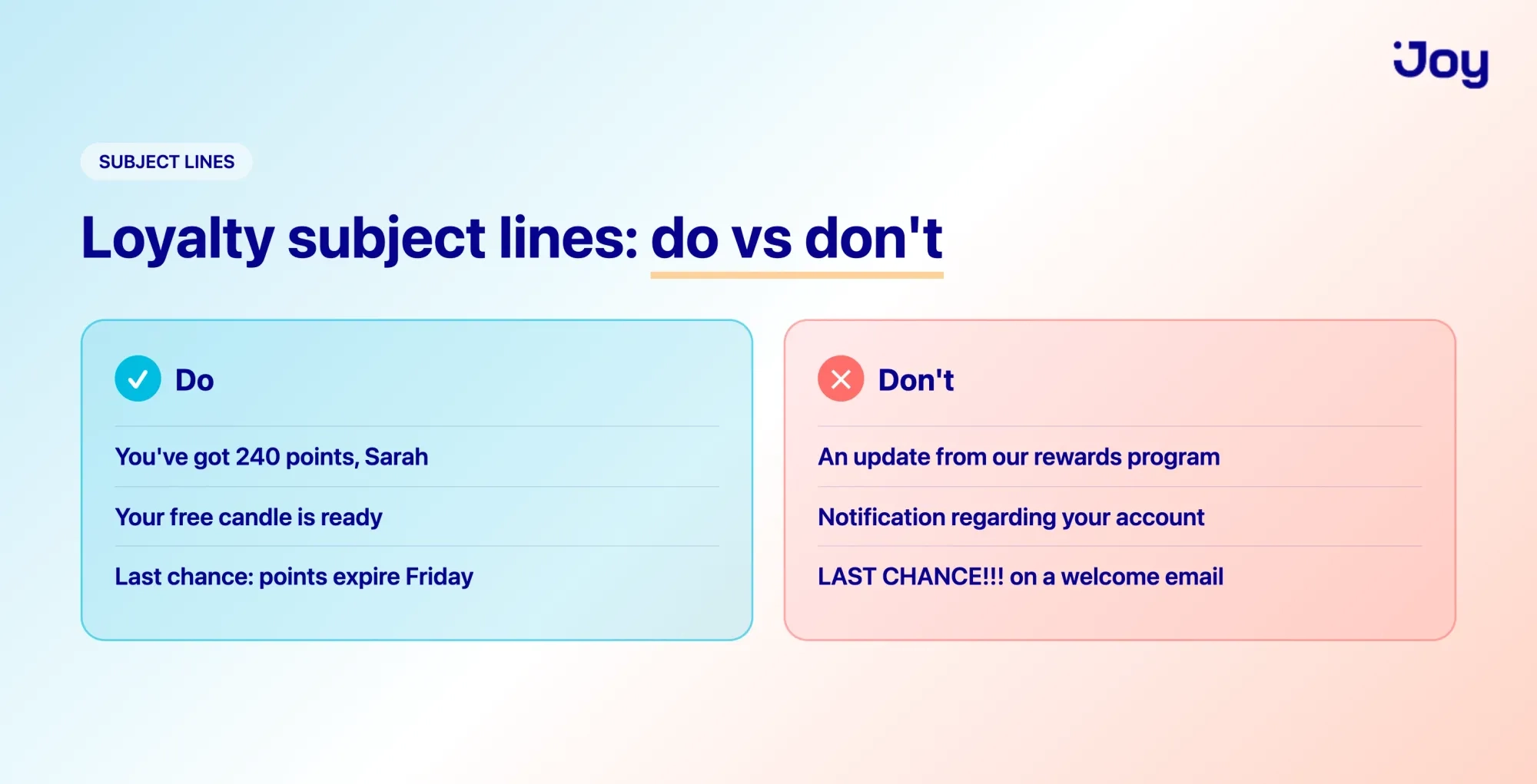 Do and don't examples for writing loyalty program email subject lines