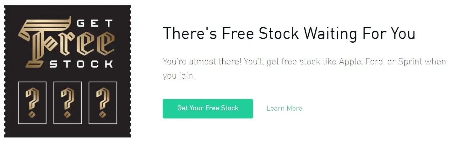 Robinhood's referral invite screen, promising free stock such as Apple, Ford or Sprint when a friend joins.