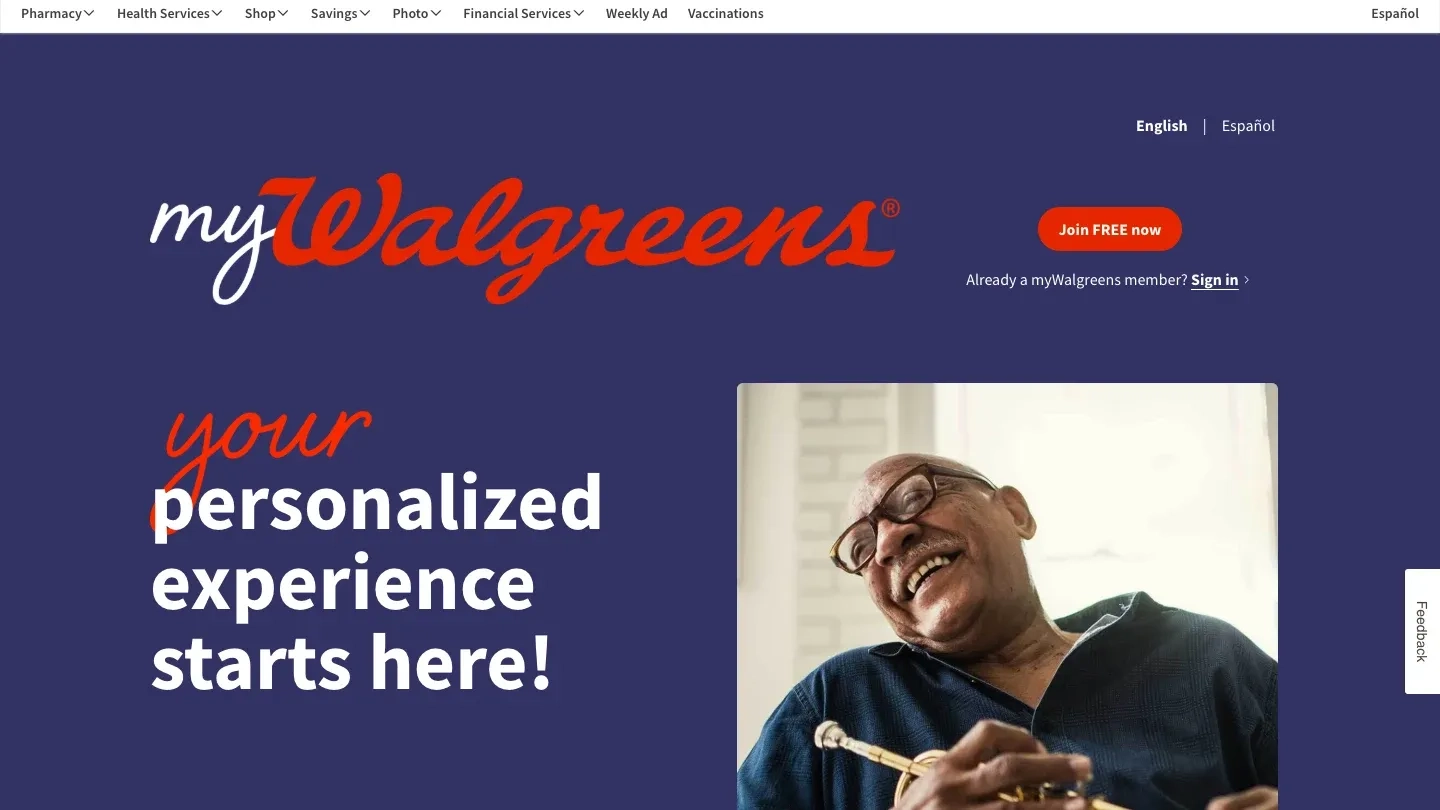 Walgreens myWalgreens homepage with red logo, Join FREE now button and "your personalized experience starts here" headline
