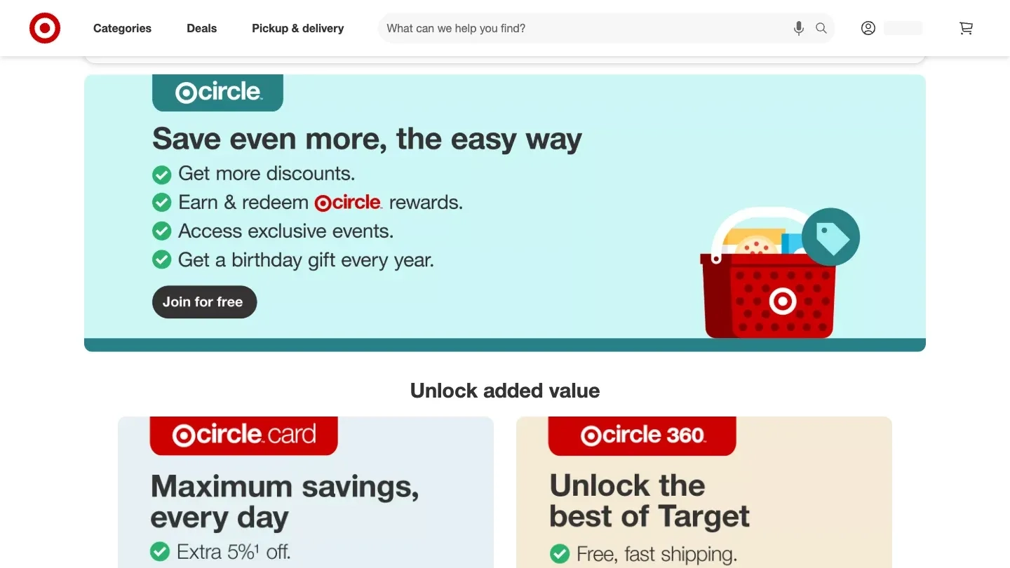 Target Circle page listing member benefits like discounts and birthday gifts, with a Join for free button
