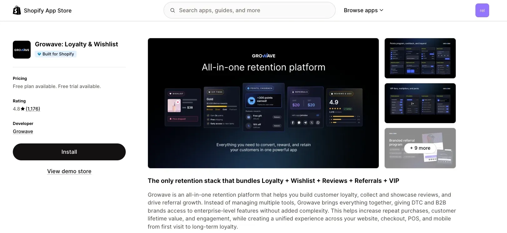 Growave app listing on the Shopify App Store showing wishlist and loyalty program pricing.