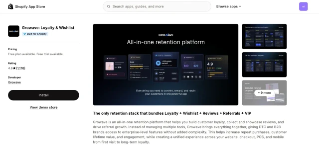 Growave app listing on the Shopify App Store showing wishlist and loyalty program pricing.