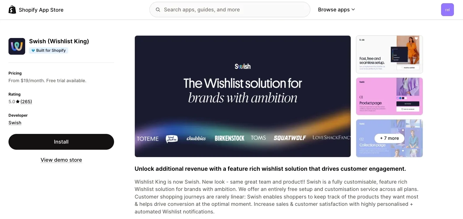 Swish, formerly Wishlist King, app listing on the Shopify App Store showing pricing plans.
