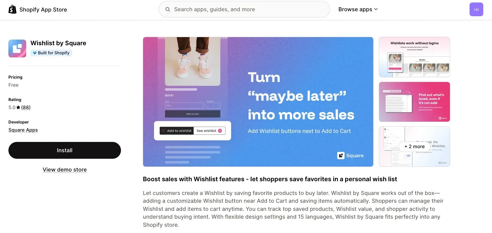 Square: Wishlist & Favorites app listing on the Shopify App Store showing free pricing and rating.