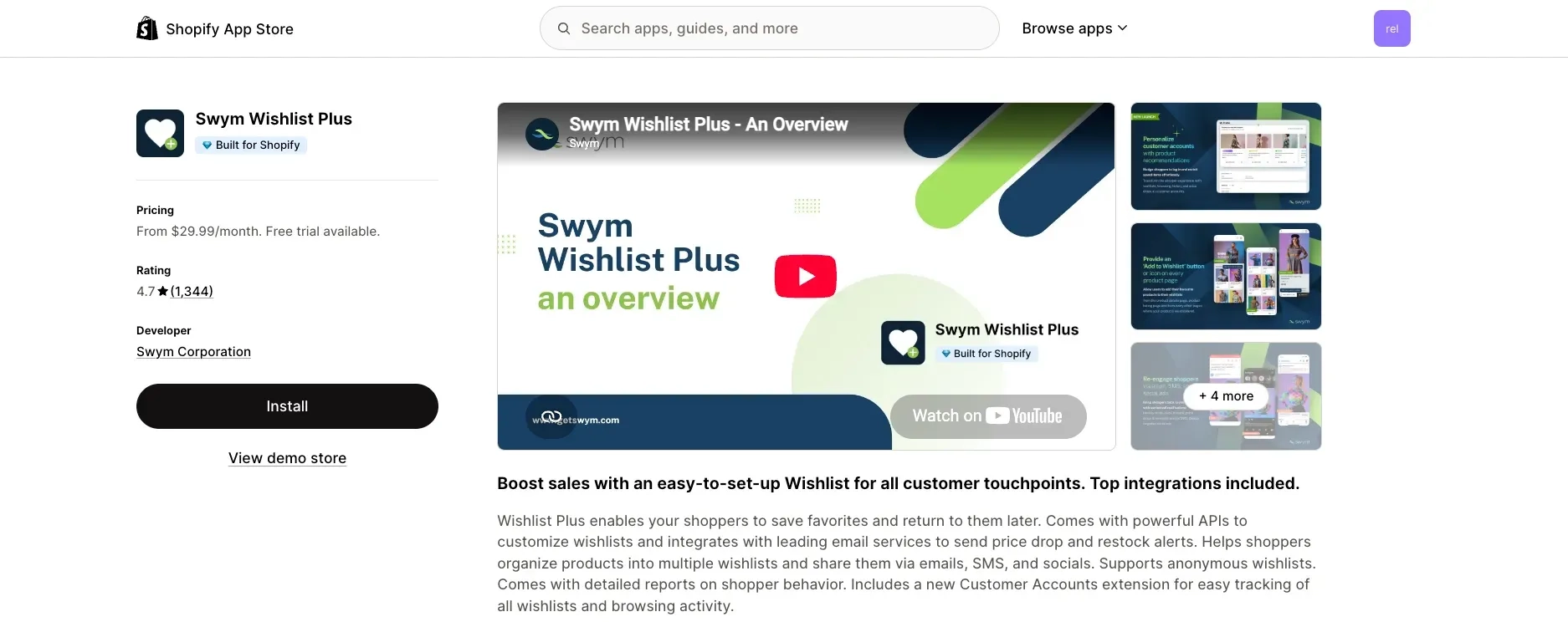 Swym Wishlist Plus listing on the Shopify App Store showing rating and pricing.