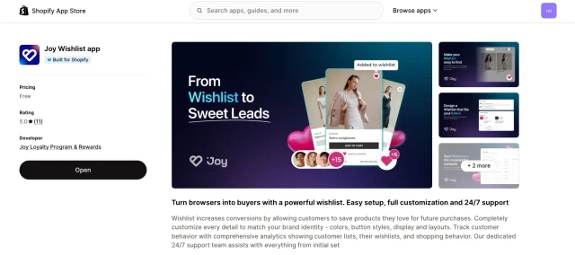 Joy Wishlist app store listing showing free pricing, 5-star rating, and key features.