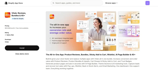 Vitals app listing on the Shopify App Store showing its wishlist and bundle features.